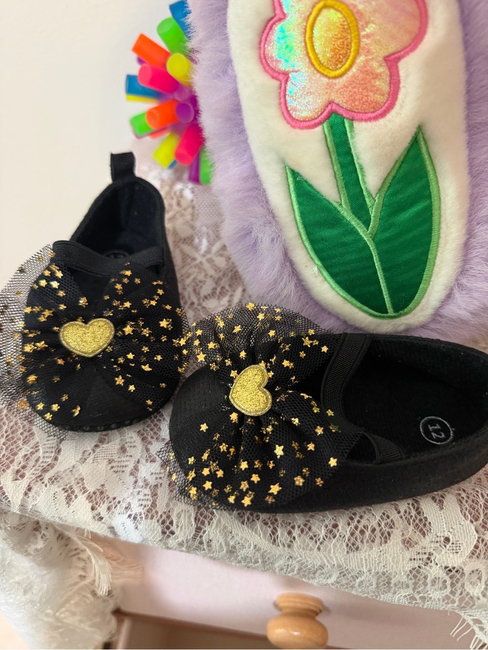 Girls Black Ballet Flats with Gold Heart and Star Tulle Accent